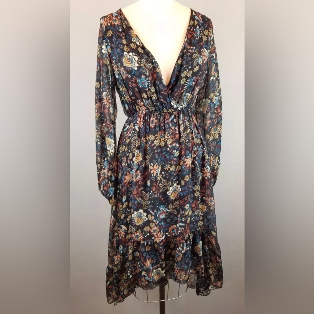 ELENA BALDI Italy Silk Blend Floral V-neck Long Sleeve Hi Low Hem Dress Size Med